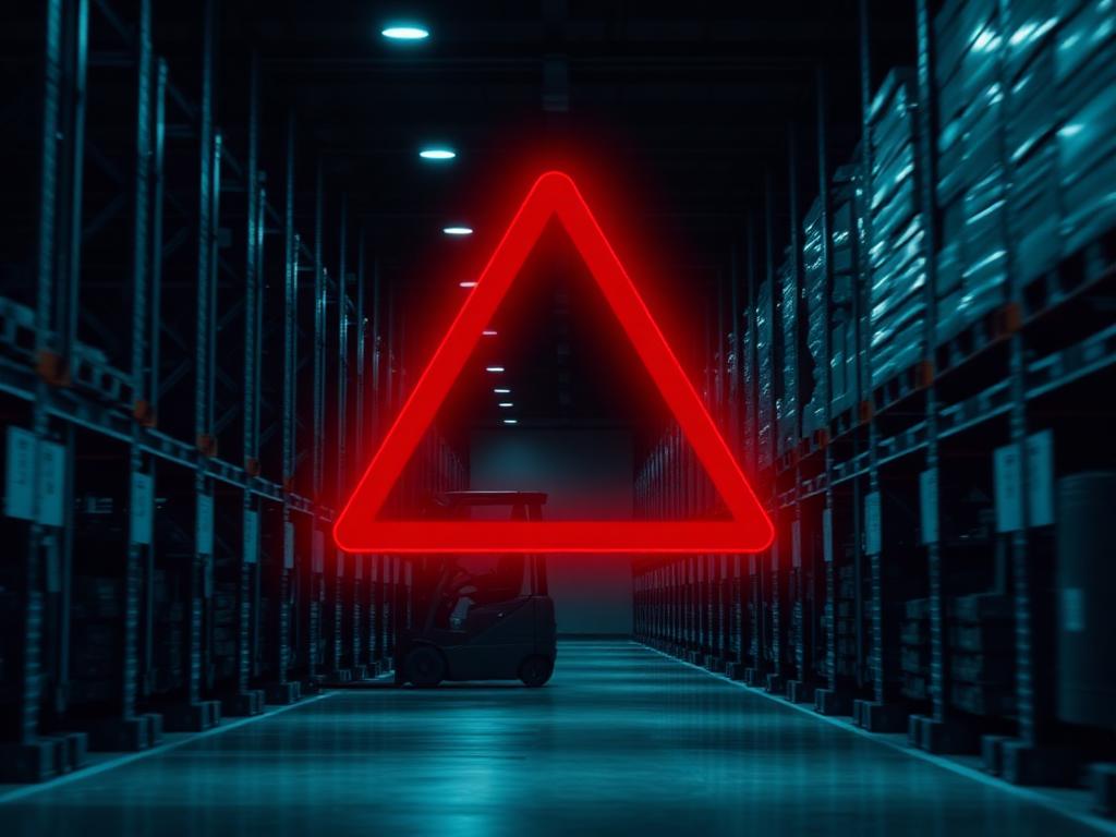 Warehouse aisle with warning symbol